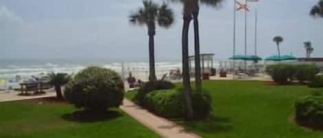 Nice grounds with grass , trees, 400 ft beach front with tables, grills, loungers