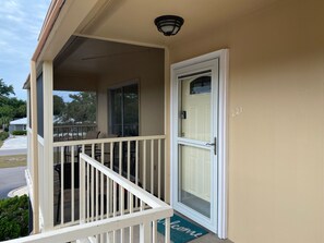 View of patio and front door.