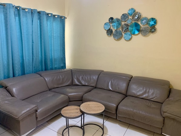 Revamped Living Room! Reclining leather sofa sectional.