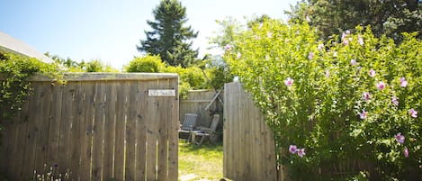 Entrance to the cottage and its private fenced in yard. Rose of sharon in bloom