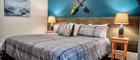 Our Nautical Quarters includes a comfy king mattress and spacious bedroom.