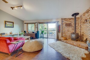 Living Room | Bean Bag Bed (Converts to Queen Bed) | Wood-Burning Stove