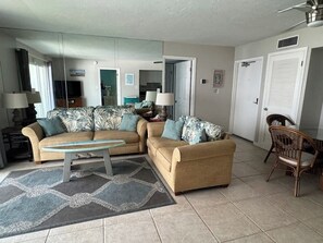 Plenty of space to gather the whole gang! Comfy leather couch and chairs.