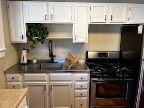 Newly updated kitchen with full sized refrigerator and oven and gas stove. 