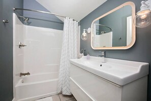 Large vanity with shower and bath