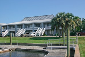 Front view of condos, taken from decking around the marina area.  