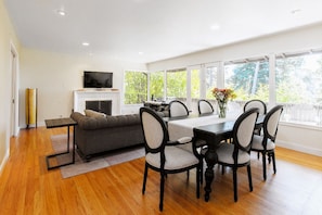Hardwood floors and formal dining for six.