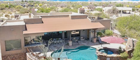 Ariel view of pool and outdoor entertaining area