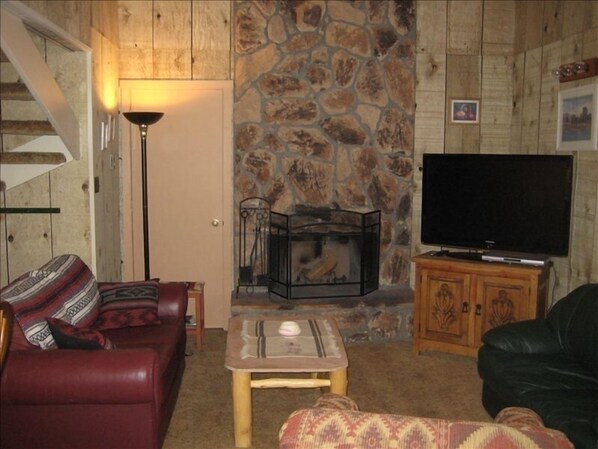 Living Area with wood burning fireplace and 48' flat screen TV.