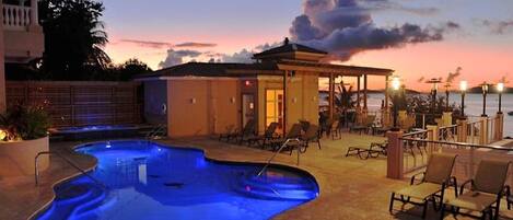 Beautiful pool deck with hot tub and magnificent views