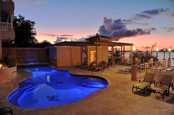 Beautiful pool deck with hot tub and magnificent views