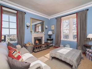 Large sitting room/study with open fire | The Glen Farmhouse - Lincluden Estate, Shawhead, Dumfries