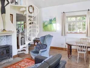 Spacious living and dining area with spiral staircase | Malthouse Barn, Elmsted, near Canterbury