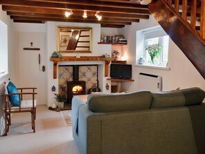 Tranquil and warm living room with wood burner | Oak Apple Cottage, Upottery, near Honiton