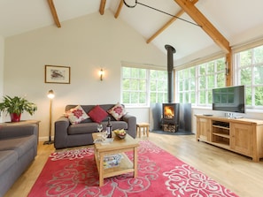Comfortable living area with wood burner | The Signal Box, Loddiswell Station, near Kingsbridge