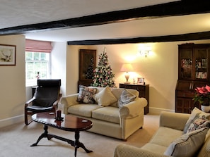 Living room with festive decorations | Karslake House, Winsford, near Dulverton