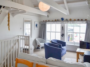 Beamed full height living space | Beach Corner Cottage, Gorran Haven, near St Austell