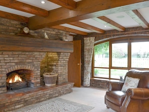 An open fire in the living room feature fireplace | Walled Garden Lodge, Camerton, near Hull