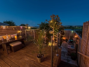 Decking at night | Harpers Cottage -  , Fence, near Burnley