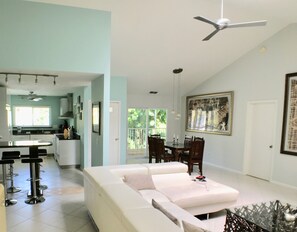 Living room, kitchen and dining area.