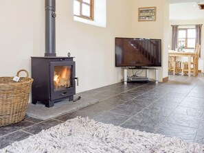 Wood burning stove within living room | Bryncrwn Cottage, Llanfarian, Aberystwyth