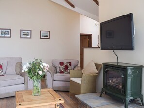 Living room with gas log burner and wall mounted TV | Brynymor Cottage, Llangennith, near Swansea