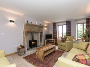 Cosy living room with wood burner | Sands Farm Cottage, Luddendenfoot, near Hebden Bridge