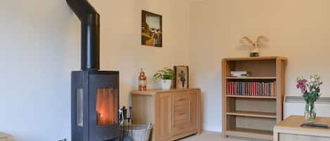 Living room with multi-fuel burner | Riverside, Kimelford, near Oban