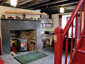Cosy living room with wood burner | Bryn Rhos Goch, Cwm Penmachno, near Betws-y-Coed