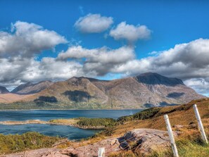 View across Loch Torridon to mountains and the hamlet of Diabaig | Tigh An Iasgair, Fearnbeg, near Applecross