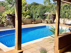 View from hot tub to pool | Linnets, Fitzhead, near Wivelscombe