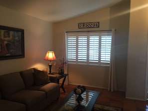 Living room with upgraded plantation shutters