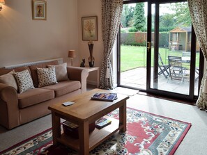 Living room with patio doors | The Mount, Polstead