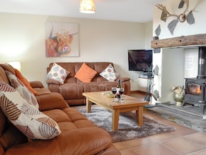 Warm, inviting living room with wood burner | Ty Hir - Bwlchgwyn Equestrian Holidays, Arthog, near Fairbourne