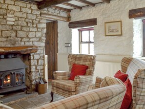 Comfy living room with cosy wood burner | Oxlow End Cottage, Peak Forest, nr. Buxton