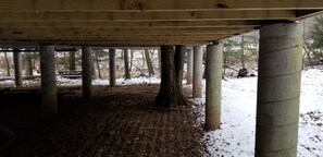 In the event of a major flood water can flow through the concrete pillars.