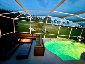 Private OutdooDining with your entertaining private chef dinners with Philip Starck designed chairs for exclusive sit down dinners for up to 24 persons outside and 20 persons inside overlooking private pool & golf. Then sip on a cocktail at Fire Pit.
