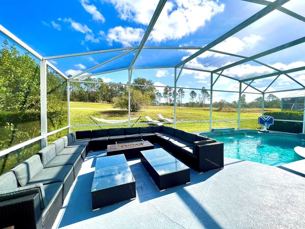Private OutdooDining with your entertaining private chef dinners with Philip Starck designed chairs for exclusive sit down dinners for up to 24 persons outside and 20 persons inside overlooking private pool & golf. Then sip on a cocktail at Fire Pit.
