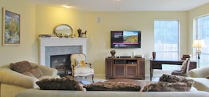 Family Room Has 55-Inch LED TV, Stereo, DVR, Roku, Fireplace,  Backyard View!