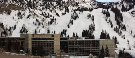 The Cliff Lodge from the canyon road, Snowbird in the background.