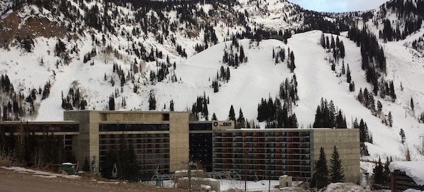 The Cliff Lodge from the canyon road, Snowbird in the background.