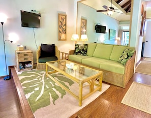 Comfortable Queen Sofa Bed, pivoting HD smart TV (with complementary Netflix).