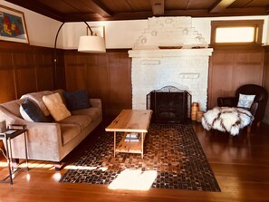 Living room with fireplace.