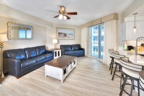 Living Room and a glimpse of oceanfront balcony #2 off he living room