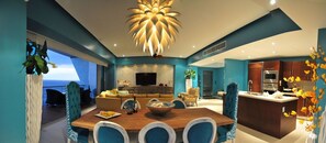 Living room, large flat scene TV, Apple TV,