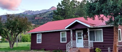 Front of the cabin.  Corbett Peak (part of the Sneffels Range) in the background