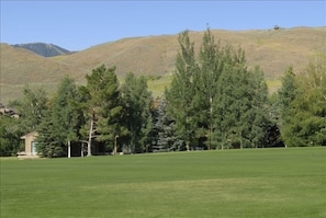 view from the deck of the Elkhorn golf course and the ski runs on Seattle ridge