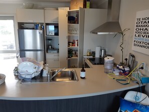 Kitchen showing fridge and pantry