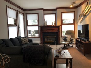 Very Bright Living Room with Lots of Windows and a Cozy Gas Fireplace 