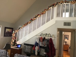 Christmas decorations on banister.